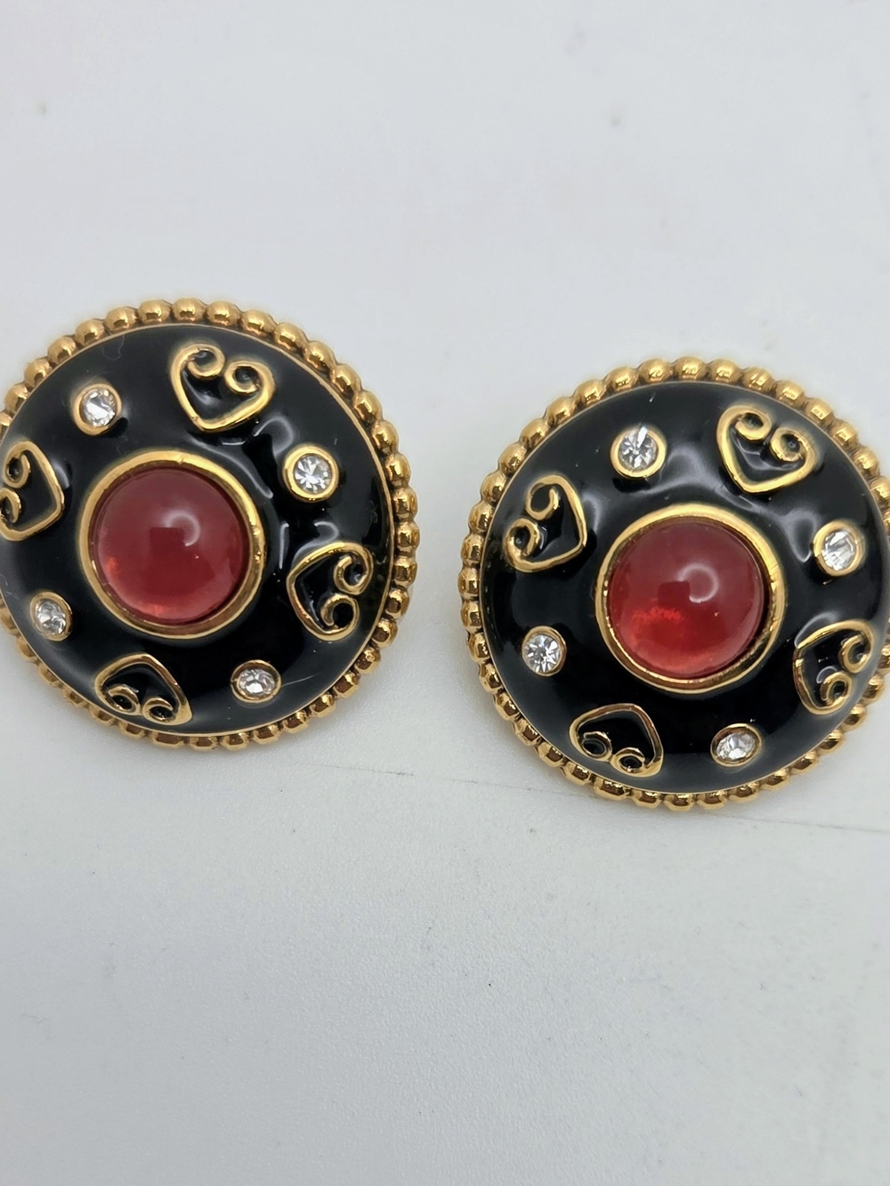 Vintage Vendome Signed Clip On Earrings Black Enamel Red Cabochon Heart Filigree